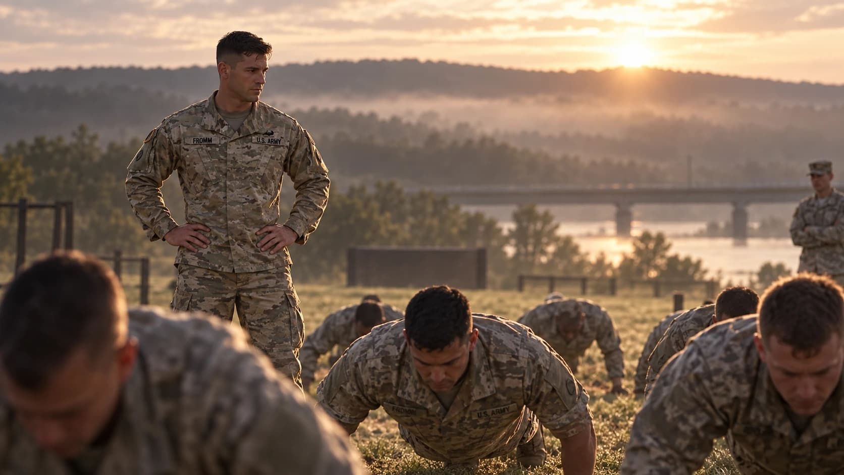 Approved military-origin illustration of an officer observing physical training.