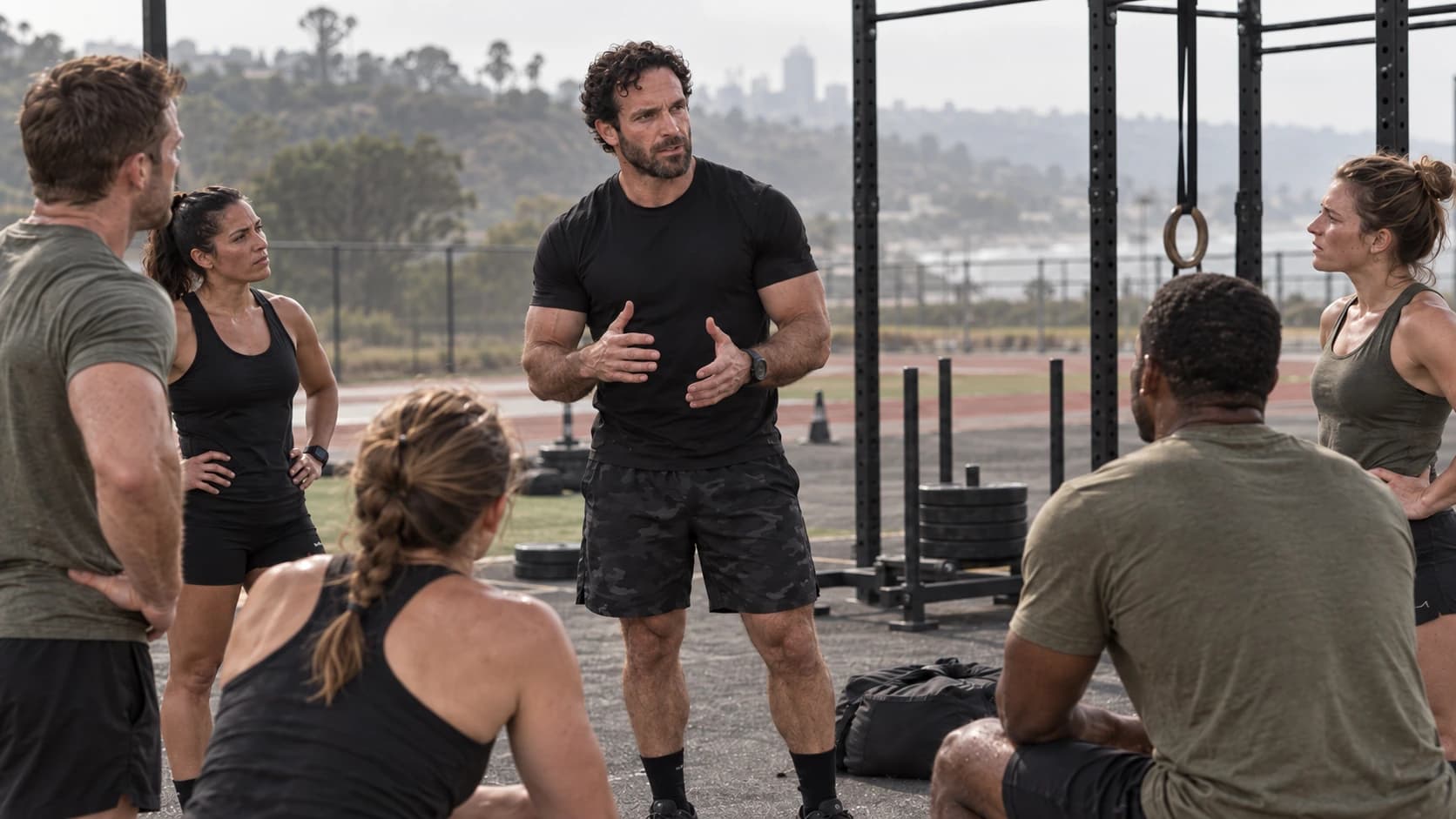 Group training discussion with the coach and participants fully visible, with no text covering the interaction.